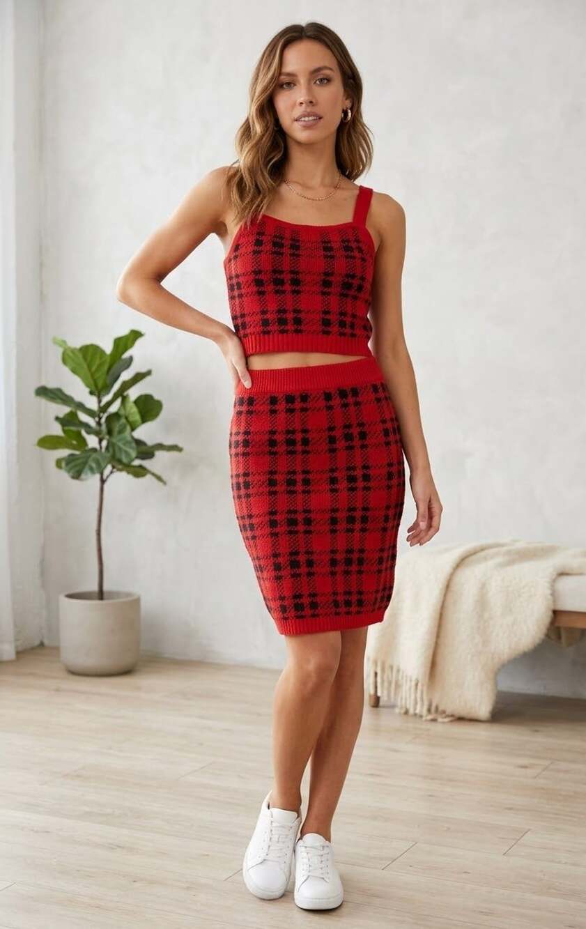 Fashion Nova Red Plaid Knit Crop Top And Skirt Set Size S
